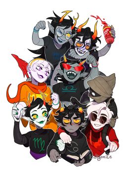 Rule 34 | 4boys, 4girls, absurdres, black hair, black nails, black shirt, black skin, blue eyes, blue nails, bottle, bracelet, cancer (symbol), cape, celebration, closed mouth, clown makeup, colored eyelashes, colored sclera, colored skin, commentary, cropped torso, dave strider, drink, earrings, english commentary, extra pupils, fangs, faygo, freckles, frown, gamzee makara, god tier (homestuck), green eyes, green nails, grey skin, headpat, headwrap, highres, holding hands, homestuck, horns, indigonite, jewelry, kanaya maryam, karkat vantas, libra (symbol), long hair, makeup, motion lines, multiple boys, multiple bracelets, multiple girls, one eye closed, open mouth, orange hood, orange horns, orange sclera, orange shirt, outline, purple eyes, purple skirt, red-tinted eyewear, red cape, red eyes, redrawn, scar, scar on face, scorpio (symbol), sharp teeth, shirt, short hair, simple background, sitting, sitting on person, sitting on shoulder, skirt, smile, soda, soda bottle, sunglasses, teeth, terezi pyrope, tinted eyewear, transparent background, troll (homestuck), upper body, vriska serket, wayward vagabond, white hair, white outline, white skin, yellow sclera