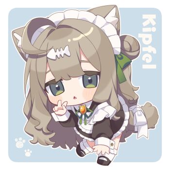 1girl :< ahoge animal_ear_fluff animal_ears apron black_dress black_shoes blue_background blush blush_stickers bobby_socks border bow brooch brown_hair cat_ears cat_girl cat_tail character_name chestnut_mouth chibi collared_dress commentary dress fish_hair_ornament frilled_apron frilled_dress frilled_socks frills full_body green_bow green_eyes green_ribbon grey_eyes hair_between_eyes hair_bow hair_bun hair_intakes hair_ornament hair_ribbon hairclip hand_up highres jewelry kipfel_(vrchat) kneehighs leaning_forward long_hair long_sleeves looking_at_viewer maid maid_apron maid_headdress mary_janes neck_ribbon nori_tama00 open_mouth outline outside_border parted_lips paw_print puffy_long_sleeves puffy_sleeves ribbon shoes simple_background single_hair_bun single_side_bun socks solo standing standing_on_one_leg tail tail_bow tail_ornament tail_ribbon triangle_mouth two-tone_background v very_long_hair vrchat white_apron white_background white_border white_bow white_outline white_ribbon white_socks