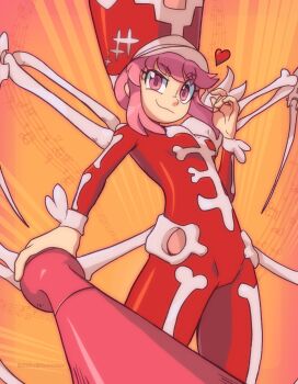 1girl absurdres artist_name beamed_eighth_notes billdadinosaur bodysuit bone breasts conductor_baton hat heart highres jakuzure_nonon kill_la_kill looking_at_viewer musical_note musical_staff orange_background pink_eyes pink_hair quarter_note red_bodysuit shako_cap smile thighs