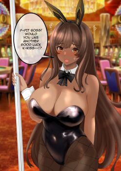 1girl absurdres animal_ear_hairband animal_ears black_bow black_bowtie black_leotard blurry blurry_background bow bowtie breasts brown_eyes brown_hair casino cleavage commentary dark-skinned_female dark_skin detached_collar english_commentary english_text fake_animal_ears fishnet_pantyhose fishnets flying_sweatdrops goddess_of_victory:_nikke hairband highleg highleg_leotard highres holding holding_pole huge_breasts leotard long_hair noir_(nikke) pantyhose playboy_bunny pole rabbit_ear_hairband rabbit_ears raskasar solo strapless strapless_leotard sweatdrop very_long_hair white_wrist_cuffs wrist_cuffs