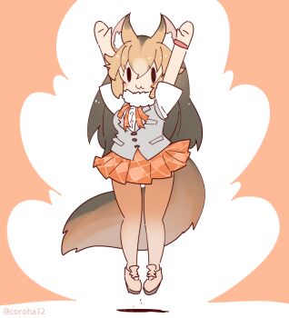 Rule 34 | 1girl, animal ears, arms up, brown background, brown hair, cardigan, commentary request, coroha, culpeo (kemono friends), extra ears, full body, jumping, kemono friends, kemono friends 3, long hair, looking at viewer, neck ribbon, pantyhose, ribbon, scarf, shirt, shoes, simple background, skirt, solo, tail, wristband