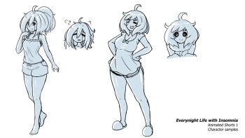 2girls barefoot black_sclera breasts camisole cleavage closed_eyes colored_sclera english_text full_body greyscale highres kay_yu large_breasts medium_hair monochrome multiple_girls multiple_views non-web_source original ponytail shirt short_shorts short_sleeves shorts simple_background sleeveless slippers white_background