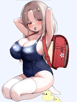 1girl absurdres armpits arms_behind_head backpack bag blue_one-piece_swimsuit blush breasts brown_eyes brown_hair cleavage hair_ornament hair_tie_in_mouth half-closed_eyes highres large_breasts light_smile long_hair looking_at_viewer mouth_hold one-piece_swimsuit oppai_loli original randoseru rubber_duck school_swimsuit seiza simple_background sitting solo sss2056 swimsuit thighhighs wet white_background white_thighhighs
