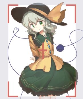 1girl black_hat blush border bow bright_pupils buttons closed_mouth commentary_request cowboy_shot diamond_button flat_chest frilled_shirt_collar frilled_skirt frilled_sleeves frills green_eyes green_hair green_skirt grey_border hat hat_bow head_tilt heart heart_of_string komeiji_koishi long_hair shirt skirt smile solo third_eye touhou uisu_(noguchipint) v viewfinder white_background white_pupils yellow_bow yellow_shirt