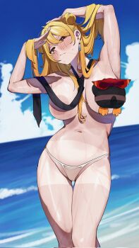 1girl 1other alternate_costume armpits arms_up bandana bikini bikini_bottom_only bird black_bow black_bowtie blonde_hair blue_sky blush bow bowtie breasts cloud cloudy_sky commentary convenient_censoring corrupted_twitter_file double-parted_bangs double_bun earrings hair_bun hair_in_own_mouth hair_over_breasts hair_over_one_breast hand_on_own_head highres holding_own_hair hololive hololive_indonesia horizon jewelry kaela_kovalskia kenji_twx large_breasts long_hair looking_at_viewer micro_bikini navel ocean official_alternate_hairstyle outdoors pemaloe_(kaela_kovalskia) penguin red_bandana red_eyes sky solo_focus sweat sweatdrop swimsuit tan tanline untranslatable_commentary virtual_youtuber white_bikini
