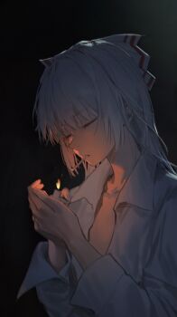 1girl absurdres black_background cigarette closed_eyes fire fujiwara_no_mokou highres lighter lighting_cigarette long_hair ofuda ofuda_on_head s0gno shirt solo touhou upper_body white_hair white_shirt