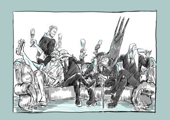 5boys artist_request bald beard crown cup drink drinking drinking_glass ethan-baron_v._nusjuro facial_hair formal_clothes gorousei grabbing_from_behind happy hat holding holding_drink imu_(one_piece) jaygarcia_saturn long_beard looking_at_viewer looking_away manly marcus_mars multiple_boys muscular muscular_male mustache necktie old old_man one_piece parody scar scar_on_face shaded_face shepherd_ju_peter simple_background sitting topman_warcury what white_beard