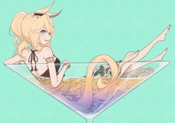 1girl animal_ears armlet bare_shoulders barefoot bikini black_bikini blonde_hair blue_eyes blush bow bracelet breasts chahiro cocktail_glass cup drinking_glass ear_ornament gold_armlet gold_bracelet gold_city_(boho_flare)_(umamusume) gold_city_(umamusume) highres horse_ears horse_girl horse_tail in_container in_cup jewelry liquid long_hair martini medium_breasts official_alternate_costume official_alternate_hairstyle open_mouth ponytail simple_background skirt smile solo swimsuit tail umamusume