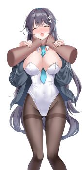 1girl absurdres aqua_necktie asphyxiation between_breasts black_hair blush breasts cleavage closed_eyes collar commentary commission counter:side covered_navel detached_collar disembodied_hand drooling facing_viewer furrowed_brow gluteal_fold grabbing_another's_arm grey_jacket groin hair_ornament headphones highleg highleg_leotard highres jacket jin_bora_(counter:side) large_breasts leotard long_hair long_sleeves necktie necktie_between_breasts nose_blush official_alternate_costume open_clothes open_jacket open_mouth pantyhose simple_background solo_focus strangling strapless strapless_leotard very_long_hair white_background white_collar white_leotard yuzb