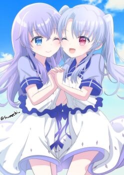 2girls ;) ;d aged_down blue_eyes blue_hair blue_sky blush butterfly_hair_ornament cheek_press child closed_mouth cloud commentary_request cowboy_shot crossed_bangs day eyes_visible_through_hair floating_hair frilled_shirt frills hair_between_eyes hair_ornament hand_up happy highres holding_hands interlocked_fingers long_hair looking_at_another medium_skirt multiple_girls one_eye_closed open_mouth outdoors purple_hair red_eyes shirt short_sleeves siblings sidelocks sisters skirt sky smile sorakado_ai sorakado_ao sumechi summer_pockets twins twintails twitter_username white_shirt white_skirt