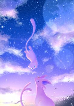 Rule 34 | animal focus, blue eyes, cloud, colored sclera, commentary request, espeon, forehead jewel, forked tail, gem, gen 1 pokemon, gen 2 pokemon, highres, legendary pokemon, mew (pokemon), mythical pokemon, natu a0z0ra, nintendo, no humans, pink fur, pokemon, pokemon (creature), pokemon focus, purple eyes, purple fur, purple sclera, red gemstone, sky, star (sky), tail