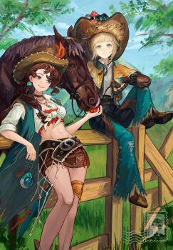 Rule 34 | 1boy, 1girl, apple, belt, black pants, blonde hair, blue eyes, blue sky, boots, brown belt, brown boots, brown eyes, brown gloves, brown hair, brown hat, brown horse, brown skirt, chaps, coat, cowboy hat, cropped shirt, day, desert flannel, ezra theodore, feeding, feet out of frame, fence, food, fruit, full body, gloves, grass, grin, hat, highres, holding, holding food, holding fruit, jewelry, long braid, looking at viewer, looking to the side, midriff, miniskirt, mountain, mushroom hat ornament, navel, necklace, official alternate costume, orange cloak, outdoors, pants, pencil skirt, procreate (medium), reverse:1999, sandkessho, shirt, short sleeves, sitting on fence, skirt, sky, sleeveless, sleeveless coat, smile, tied shirt, tree, watermark, white shirt, wooden fence
