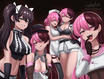 5girls :q alternate_hairstyle bead_necklace beads belt black_bra black_hair bow bowler_hat bra breasts brown_eyes brown_hair cleavage clone clothes_pull commentary crop_top cslucaris dress english_commentary grey_scarf grin hair_bow hand_on_own_hip hat heterochromia highres jewelry large_breasts long_hair looking_at_viewer midriff multicolored_hair multiple_girls multiple_persona naughty_face navel necklace neopolitan_(rwby) nurse nurse_cap open_clothes open_mouth open_shirt oral_invitation pink_eyes pink_hair rwby saliva scarf sexually_suggestive shirt short_shorts shorts signature smile split-color_hair stomach teasing teeth tongue tongue_out top_pull twintails two-tone_hair underwear v-shaped_eyebrows white_bow white_dress white_shirt