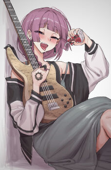 1girl absurdres against_wall akkgsyk alcohol_carton bare_shoulders bass_guitar black_bow black_jacket blunt_bangs bocchi_the_rock! bow braid braided_ponytail commentary_request dress drink_carton earrings green_dress hair_bow hanafuda_earrings hand_tattoo highres hiroi_kikuri holding holding_bass_guitar holding_instrument instrument jacket jewelry long_hair looking_at_viewer multicolored_jacket narrowed_eyes piercing purple_eyes saliva saliva_trail sharp_teeth simple_background sitting solo strap_slip sundress tattoo teeth tongue tongue_out tongue_piercing two-tone_jacket upper_teeth_only white_jacket