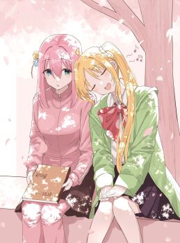 2girls :d ahoge beamed_eighth_notes black_skirt blonde_hair blue_eyes blue_skirt blush bocchi_the_rock! bow bowtie breasts closed_eyes collared_shirt commentary_request crossed_bangs cube_hair_ornament detached_ahoge double-parted_bangs dress_shirt eighth_note falling_leaves gotoh_hitori green_jacket hair_between_eyes hair_ornament highres holding holding_notebook ijichi_nijika jacket kanaria_hisagi leaf long_hair long_sleeves medium_breasts multiple_girls music musical_note notebook one_side_up open_clothes open_jacket open_mouth outdoors pants parted_bangs pink_background pink_hair pink_jacket pink_pants pleated_skirt polka_dot_bow polka_dot_bowtie red_bow red_bowtie school_uniform shimokitazawa_high_school_uniform shirt side_ponytail sidelocks singing sitting skirt smile teeth track_jacket track_pants tree under_tree upper_teeth_only very_long_hair white_shirt