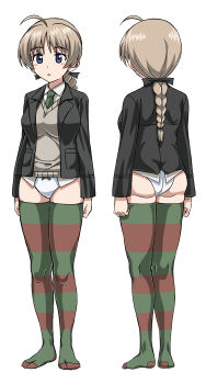 1girl 9s0ykoyama117 ass back black_jacket blue_eyes braid breasts brown_hair full_body green_necktie highres jacket large_breasts long_hair looking_back lynette_bishop necktie no_pants panties shirt simple_background single_braid solo standing strike_witches striped_clothes striped_thighhighs sweat sweater_vest thighhighs underwear white_background white_panties white_shirt world_witches_series
