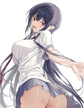 1girl ass blue_skirt blush breasts commentary_request from_below hair_between_eyes hair_ribbon haite_kudasai_takamine-san highres hiiragi_yuuichi impossible_clothes impossible_shirt large_breasts long_hair looking_at_viewer miniskirt no_panties open_hand open_mouth outstretched_arm pleated_skirt red_eyes ribbon school_uniform shirt short_sleeves simple_background skirt smile solo takamine_takane teeth tongue twisted_torso underbutt very_long_hair white_background white_ribbon white_shirt