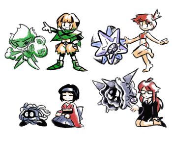 Rule 34 | 4girls, asymmetrical hair, barefoot, bikini, black dress, black hair, blonde hair, blunt bangs, boots, cape, capelet, closed eyes, closed mouth, cloyster, crop top, dress, erika (pokemon), feet, gardenia (pokemon), gen 1 pokemon, gen 4 pokemon, glasses, green capelet, gym leader, hand on own hip, headband, high heels, highres, japanese clothes, kimono, kneeling, leg up, long hair, long sleeves, lorelei (pokemon), misty (pokemon), multicolored hair, multiple girls, navel, nintendo, opaque glasses, orange hair, pointing, pokemon, pokemon dppt, pokemon rgby, poncho, ponytail, red hair, robe, roserade, seiza, shield, shoes, short hair, shorts, side ponytail, sitting, skirt, smile, standing, standing on one leg, starmie, swimsuit, tangela, the cal, two-tone hair, wide sleeves