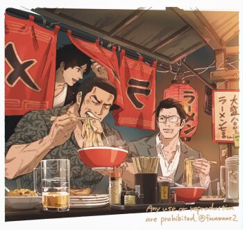 3boys beer_mug black_eyes black_hair bowl bruise bruise_on_face chopsticks collared_shirt commentary cup dumpling eating favamame2 food food_stand fried_rice glasses grey_jacket grey_shirt hair_slicked_back hand_up higashi_tooru highres holding holding_bowl holding_chopsticks injury jacket jiaozi judge_eyes kaito_masaharu lantern male_focus mug multiple_boys noodles open_mouth paper_lantern plate ramen ryuu_ga_gotoku_(series) shirt short_hair sideburns sleeves_rolled_up symbol-only_commentary teeth upper_body v-shaped_eyebrows white_shirt yagami_takayuki yatai