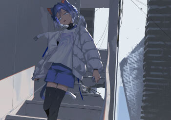 1girl abandoned animal_ear_fluff animal_ears blue_hair blue_shorts building cat_ears cat_girl cat_tail city commentary_request feet_out_of_frame glowing glowing_eyes highres jacket long_sleeves looking_at_viewer mole mole_under_eye open_clothes open_jacket open_mouth original outdoors rubble shirt short_hair shorts signal_1120 sky smile solo stairs standing tail thighhighs uneven_eyes white_eyes white_jacket white_shirt wire