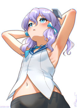 1girl armpits arms_behind_head black_skirt blue_eyes blue_sailor_collar breasts dated from_below hair_ribbon headgear kantai_collection langley_(kancolle) medium_breasts navel one-hour_drawing_challenge purple_hair ray.s ribbon sailor_collar sailor_shirt shirt simple_background skirt sleeveless sleeveless_shirt solo upper_body white_background