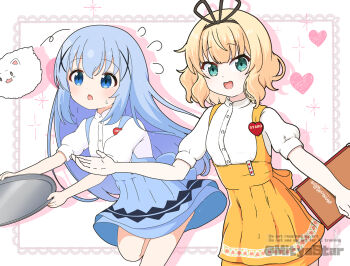 2girls :d angora_rabbit blonde_hair blue_eyes blue_hair blue_skirt breasts character_name commentary_request flying_sweatdrops gochuumon_wa_usagi_desu_ka? green_eyes hair_ornament heart heart_background holding holding_menu holding_tray kafuu_chino kirima_syaro long_hair looking_at_viewer menu miniskirt mitya multiple_girls name_tag open_mouth orange_skirt puffy_short_sleeves puffy_sleeves rabbit shirt short_hair short_sleeves skirt small_breasts smile suspender_skirt suspenders tippy_(gochiusa) tray twitter_username waitress watermark white_shirt x_hair_ornament