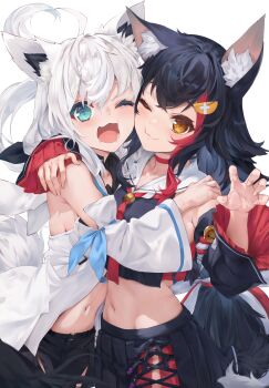 2girls :3 absurdres ahoge aqua_eyes bell black_hair black_shirt black_shorts black_skirt cheek-to-cheek claw_pose cowboy_shot cropped_shirt detached_sleeves fingernails hand_on_another&#039;s_shoulder heads_together highres hololive jingle_bell long_hair low-tied_long_hair midriff multicolored_hair multiple_girls navel one_eye_closed ookami_mio ookami_mio_(1st_costume) open_mouth pleated_skirt red_streaks sailor_collar shirakami_fubuki shirakami_fubuki_(1st_costume) shirt shorts simple_background skirt sleeveless sleeveless_shirt smile streaked_hair uechin_ewokaku very_long_hair virtual_youtuber white_background white_hair white_sailor_collar yellow_eyes