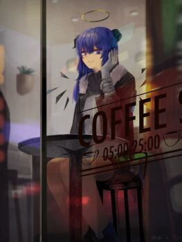 Rule 34 | 1girl, arknights, black jacket, black shorts, black wings, blue eyes, blue hair, cafe, coat, commentary, demon horns, detached wings, energy wings, english text, fallen angel, fur-trimmed coat, fur trim, gloves, halo, hand on own face, hand rest, highres, horns, indoors, jacket, kybe-2-haizara, light smile, long hair, long sleeves, looking at viewer, mostima (arknights), reflection, shirt, short shorts, shorts, sitting, solo, table, traditional halo, turtleneck, twitter username, unzipped, white gloves, white shirt, wings, yellow halo