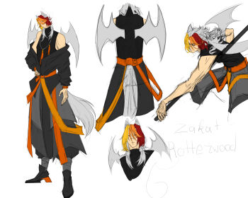 1boy absurdres akari_kadze animal_ears bare_shoulders bat_wings belt black_boots black_shirt blonde_hair boots closed_mouth full_body grey_hair hand_on_own_hip highres holding holding_weapon incredibly_absurdres jewelry long_sleeves male_focus multicolored_hair multiple_views necklace orange_belt orange_hair original pants personification polearm red_hair reference_sheet shirt simple_background sketch sleeveless sleeveless_shirt standing tail turtleneck two-tone_hair ukrainian_commentary weapon white_background white_hair wings wolf_boy wolf_ears wolf_tail
