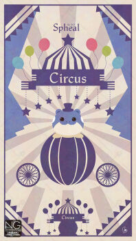 :3 animal_focus ball balloon character_name circus circus_tent closed_mouth fangs fangs_out gen_3_pokemon hat highres looking_at_viewer meme_(sleepsheep) nintendo no_humans nostrils pokemon pokemon_(creature) pokemon_focus seal_(animal) smile spheal star_(symbol) top_hat