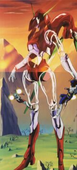 anime_screenshot armor bill_willcox breasts field flying giant_robot high_heels hikari_shinji horns jetpack mecha mountain power_armor red_mecha robot see-through_armor sei_juushi_bismarck stitched third-party_edit underboob