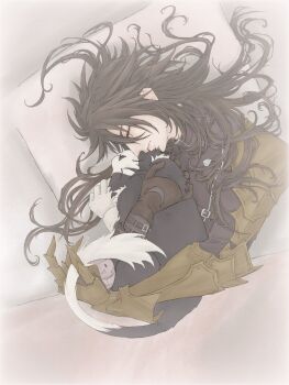 1boy black_hair black_jacket brown_gloves cait_sith_(final_fantasy) cat clawed_gauntlets closed_eyes closed_mouth commentary_request cuddling final_fantasy final_fantasy_vii final_fantasy_vii_rebirth final_fantasy_vii_remake from_above gauntlets gloves highres jacket long_hair lying male_focus messy_hair msa_mne on_side pillow profile single_gauntlet single_glove sleeping under_covers upper_body vincent_valentine white_gloves