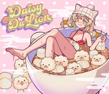 Rule 34 | 1girl, = =, absurdres, barefoot, beanie, bikini, blonde hair, blush, braid, breasts, castussan, character name, chromashift, cleavage, closed eyes, collarbone, commentary, creature, crossed legs, cup, daisy dandelion, diamond-shaped pupils, diamond (shape), dripping, english commentary, eyelashes, fingernails, food, green eyes, green hair, green nails, green pupils, green streaks, hair ornament, hat, highres, hot chocolate, in container, in cup, marshmallow, multicolored hair, nail polish, nose blush, partially submerged, pom pom (clothes), red bikini, second-party source, smile, streaked hair, swimsuit, symbol-shaped pupils, twin braids, twintails, two-tone hair, virtual youtuber, wet, white hat