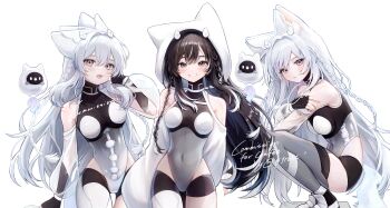 3girls absurdres animal_ears animal_hood black_eyes black_hair blush bodysuit braid breasts character_request commission detached_sleeves fake_animal_ears fang fingerless_gloves gloves grey_eyes highres hood k1ruse long_hair medium_breasts multiple_girls open_mouth shoes signature similar_clothes smile sneakers squatting thighhighs white_hair