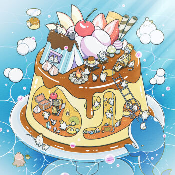 Rule 34 | 1girl, absurdres, backpack, bag, black cat, blue hair, calico (pattern), calico cat, campfire, candle, cat, cherry, controller, cup, drinking glass, fishing rod, food, food-themed hat, food art, fruit, hat, highres, holding, holding cup, holding fishing rod, holding remote control, holding spoon, jar, ladder, marshmallow, mushroom, nose bubble, original, oversized spoon, pudding, pudding a la mode, remote control, spoon, strawberry, strawberry slice, sunglasses, tako-san wiener, tent, treasure chest, tti design, whale, wine glass