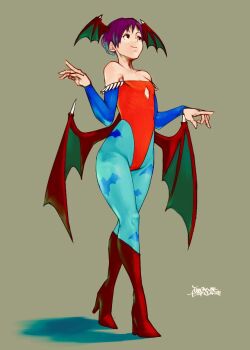 1girl 591mm animal_print aqua_pantyhose bare_shoulders bat_print boots closed_mouth clothing_cutout commentary_request darkstalkers demon_girl demon_wings detached_sleeves diamond_cutout eyelashes full_body head_wings high_heel_boots high_heels leotard lilith_(darkstalkers) pantyhose print_pantyhose purple_hair red_boots red_leotard short_hair simple_background smile solo standing very_short_hair wings