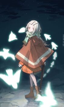 1girl absurdres angrypig bird blonde_hair boots brown_boots colored_eyelashes commentary_request dress gakuen_idolmaster glowing_bird highres idolmaster looking_at_viewer looking_to_the_side orange_dress orange_eyes outdoors red_poncho shinosawa_hiro solo white_bird