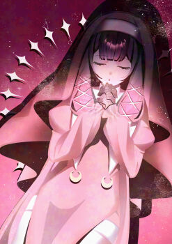 1girl alternate_costume black_hair closed_eyes columbina_(genshin_impact) commentary_request dress genshin_impact gloves hair_ornament hair_ribbon highres interlocked_fingers long_hair long_sleeves multicolored_hair nun nun_headdress pink_background praying purple_hair ribbon simple_background solo streaked_hair thighhighs two-tone_hair watatai white_thighhighs white_wings wings