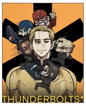 2girls 4boys animification back beard belt black_belt black_bodysuit black_boots black_gloves black_pants black_shirt blonde_hair blue_bodysuit bodysuit boots border brown_hair bucky_barnes chibi clenched_hand closed_eyes closed_mouth commentary_request copyright_name crying dark-skinned_female dark_skin facial_hair father_and_daughter fingerless_gloves full_body ghost_(marvel) gloves half-closed_eyes hands_up helmet highres hitting holding holding_shield holding_weapon john_walker_(marvel) korean_commentary looking_at_another mandarin_collar marvel marvel messy_hair multiple_boys multiple_girls on_one_knee orange_background pants polka_dot polka_dot_background prosthesis prosthetic_arm red_bodysuit red_guardian_(marvel) sentry_(marvel) shield shirt short_hair short_sleeves star_(symbol) superhero_costume t-shirt teeth thunderbolts_(movie) upper_body v-shaped_eyebrows weapon white_border yelena_belova yellinoutdggt yellow_bodysuit