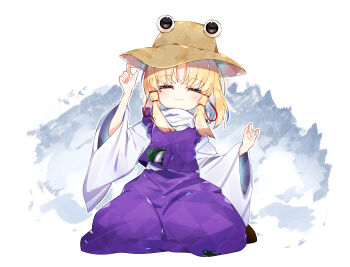 1girl ^_^ animal_print argyle_clothes blonde_hair brown_hat brown_shoes chinese_commentary closed_eyes commentary_request curtained_hair disembodied_eye fedora frilled_vest frills frog_print full_body grey_background hair_ribbon hands_up hat highres leaning_to_the_side light_blush long_hair long_skirt moriya_suwako purple_skirt purple_vest red_ribbon ribbon shirt shoes sia_6767 sidelocks simple_background sitting skirt skirt_set smile solo touhou two-tone_background vest wariza white_background white_shirt wide_sleeves