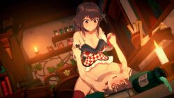 1boy 1girl 3d ? @_@ age_difference animated anna_anon assertive_female asymmetrical_legwear bare_shoulders battery_indicator bed black_choker black_thighhighs blush bottomless bouncing_breasts braid breasts brown_hair candle checkered_clothes choker cleavage cleft_of_venus closed_eyes closed_mouth cowgirl_position cum cum_in_pussy detached_sleeves ejaculation femdom girl_on_top grin held_down hetero highres holding_hands indoors interlocked_fingers kiss koikatsu_(medium) large_breasts looking_at_viewer medium_hair mismatched_legwear myra_(anna_anon) on_bed open_mouth original penis pussy pussy_juice red_eyes red_thighhighs restrained sex smile speech_bubble straddling teeth thighhighs thighs twin_braids uncensored vaginal video