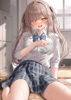 1girl black_bra blue_bow blue_bowtie blush bow bowtie bra bra_visible_through_clothes breasts brown_eyes brown_hair collared_shirt commentary_request eyes_visible_through_hair hair_ornament hair_over_one_eye hairclip highres imouto-chan_(monaka_curl) large_breasts long_hair long_sleeves looking_at_viewer monaka_curl open_mouth original paid_reward_available plaid_clothes plaid_skirt shirt shirt_tucked_in sitting skirt socks solo thighs twintails underwear wariza white_shirt white_socks