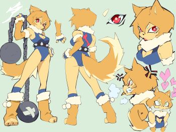 1girl :3 aetherion anger_vein animal_ears animal_nose ass ball_and_chain_(weapon) blue_leotard bone breasts cleavage cleavage_cutout clenched_teeth clothing_cutout dog_ears dog_girl elbow_gloves full_body furry furry_female gloves green_background hair_between_eyes hand_on_own_hip heart highres holding holding_weapon leotard looking_at_viewer multiple_views ninja open_mouth original pom_pom_(clothes) red_eyes shiba_inu short_hair smile standing tail teeth weapon