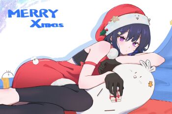 Rule 34 | 1girl, alternate costume, arm strap, black gloves, black hair, box, christmas, commentary request, dress, gift, gift box, gloves, hair between eyes, hair ornament, hat, highres, holding, holding gift, ichinose uruha, leggings, looking at viewer, lupinus virtual games, lying, multicolored hair, on side, pink eyes, santa costume, santa hat, simuyutou, sleeveless, sleeveless dress, solo, sports bra, star (symbol), star hair ornament, streaked hair, virtual youtuber, vspo!