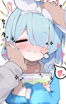 1boy 1girl absurdres arona_(blue_archive) blue_archive blue_hair blue_shirt choker closed_eyes closed_mouth commentary facing_viewer hair_over_one_eye hairband halo hand_on_another&#039;s_cheek hand_on_another&#039;s_face headpat heart heart_halo highres holding holding_paper long_sleeves multicolored_hair nyashiro_(sgylk) paper pink_hair pink_halo pov pov_hands puffy_long_sleeves puffy_sleeves sailor_collar sailor_shirt shirt solo_focus speech_bubble spoken_heart streaked_hair two-tone_hair upper_body white_background white_choker white_hairband white_sailor_collar