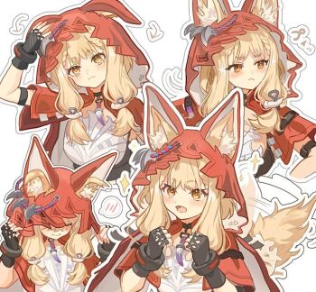 Rule 34 | 1girl, animal ear fluff, animal ears, arknights, arknights: endfield, black gloves, blonde hair, cape, closed mouth, commentary request, dress, ears through headwear, ears through hood, fingerless gloves, gloves, hood, hood up, hooded cape, jewelry, long hair, looking at viewer, low-tied sidelocks, multiple views, necklace, open mouth, red cape, rossi (arknights), sidelocks, tail, tooth necklace, touchika, white dress, wolf ears, wolf girl, wolf tail, yellow eyes