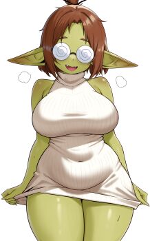 1girl :d @_@ absurdres breasts brown_hair colored_skin commentary covered_navel curvy english_commentary fangs glasses goblin green_skin highres large_breasts looking_at_viewer monster_girl opaque_glasses open_mouth original pointy_ears ribbed_sweater scrapy short_hair sleeveless sleeveless_sweater smile solo sweater thighs white_sweater