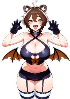 1girl absurdres ahoge animal_ears arm_strap armpits bare_shoulders black_choker black_gloves black_shirt black_shorts breasts brown_hair choker claw_pose cleavage cleavage_cutout clothing_cutout commission cowboy_shot criss-cross_halter crop_top garter_straps gloves halterneck hands_up heart heart_ahoge highres large_breasts looking_at_viewer medium_hair micro_shorts midriff mole mole_on_breast mr_tangsuyuk navel open_mouth orange_eyes original shirt shorts simple_background skindentation sleeveless sleeveless_shirt smile solo stomach striped_clothes striped_thighhighs thigh_gap thighhighs thighs tongue tongue_out white_background wings