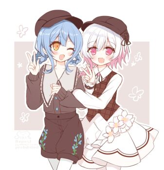 2girls ;d blue_hair braid braided_hair_rings brown_hat brown_shirt brown_shorts brown_vest cherry_blossoms collared_shirt commentary_request cowboy_shot dress floral_print hair_rings hat long_sleeves looking_at_another looking_at_viewer mahou_shoujo_no_majo_saiban multicolored_hair multiple_girls official_alternate_costume one_eye_closed open_mouth pantyhose pink_eyes pink_hair sakuraba_ema shikito_(yawa0w0) shirt short_hair shorts smile standing tachibana_sherry treasure_cafe vest w white_dress white_hair white_pantyhose yellow_eyes