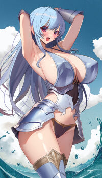 1girl :d absurdres akihiro0920 armor armpits arms_up bikini bikini_armor blue_bikini blue_hair blue_sky blunt_bangs blush breasts cloud commentary_request day highres large_breasts long_hair navel ocean open_mouth original outdoors purple_eyes sideboob sidelocks sky smile solo standing swimsuit wading warrior